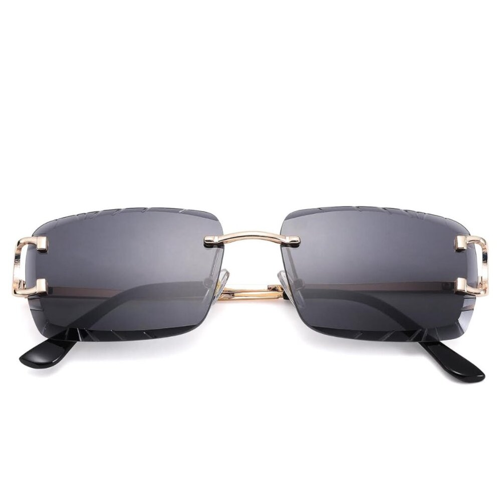 Mens Sunglasses Hip Hop Style Dark Black Lens Gold Rimless Diamond Cut Classy